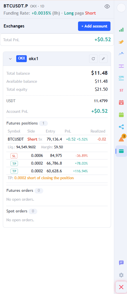 List of registered accounts in the Exchanges tab, each with balance, PnL and edit and refresh buttons.