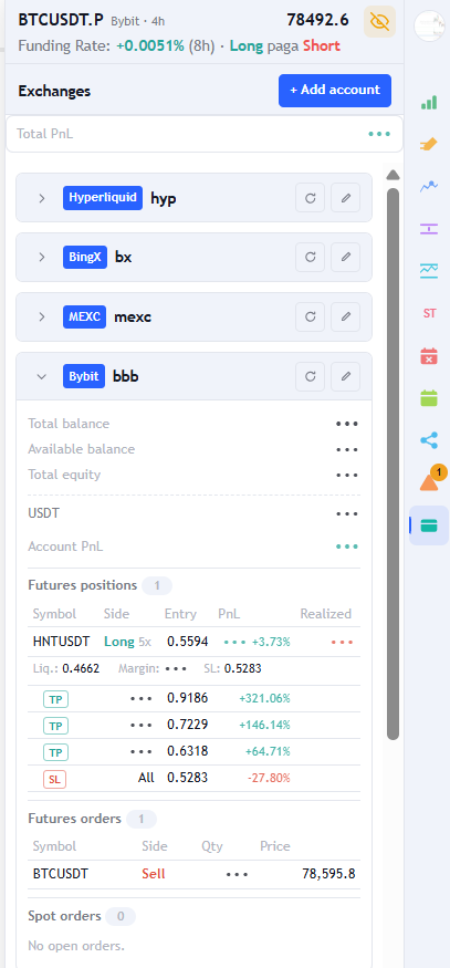 Detail of an open position in the Exchanges tab with entry, PnL, liquidation, margin and the TP and SL orders.
