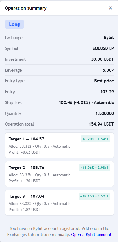 Trade summary popup with side, quantity, entry, stop, take profits and risk before confirmation.