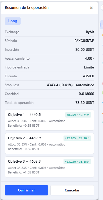 Popup de resumen de la operación, con lado, cantidad, entrada, stop, take profits y riesgo antes de la confirmación.