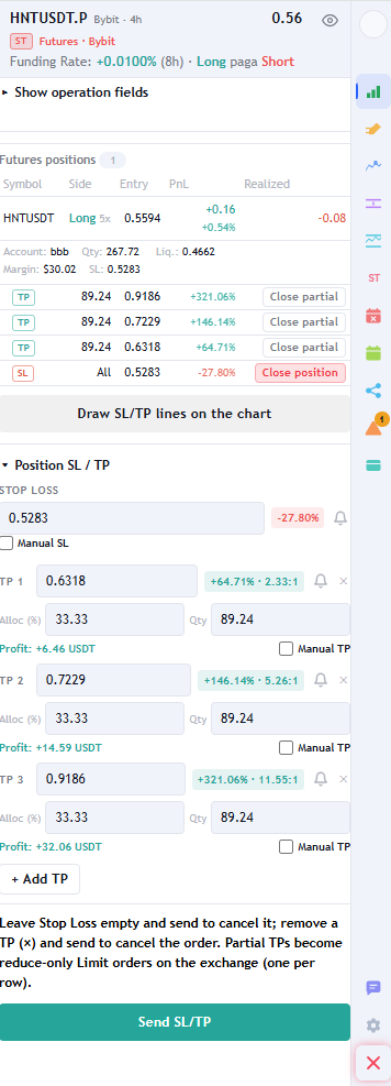 SL and TP panel of the open position, with editable price fields and partial close buttons.