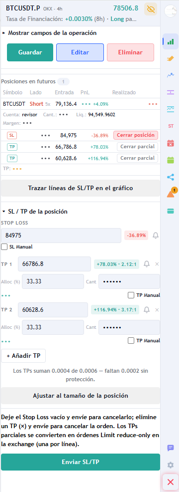Panel de SL y TP de la posición abierta, con campos de precio editables y botones de cierre parcial.